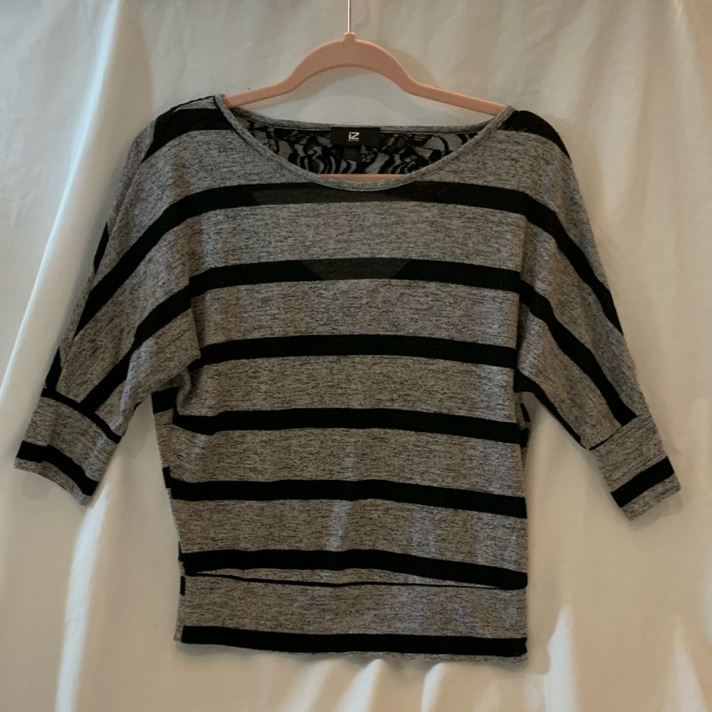 Black & Grey Striped Shirt with Lace Keyhole Back